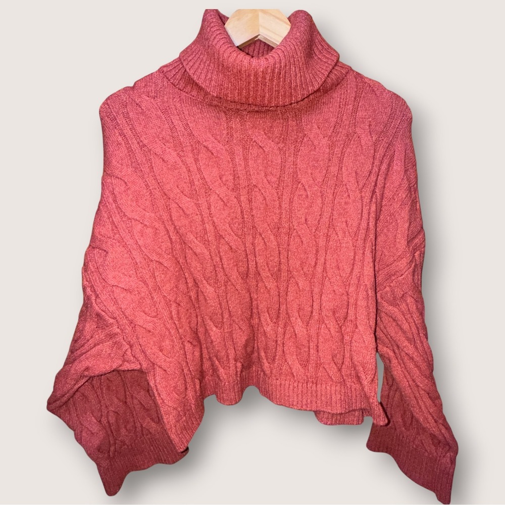 Adyson Parker Rust Cable Knit Turtleneck Sweater Boxy Cropped Dolman Sleeve SZ S